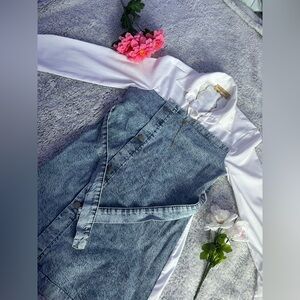 Y2k denim&white shirt dress combo women’s buttom front layered look casual chic